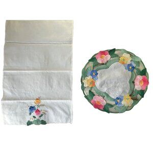 Madeira Multicolor on White Embroidered Tea Towel & Round Placemat VGUC